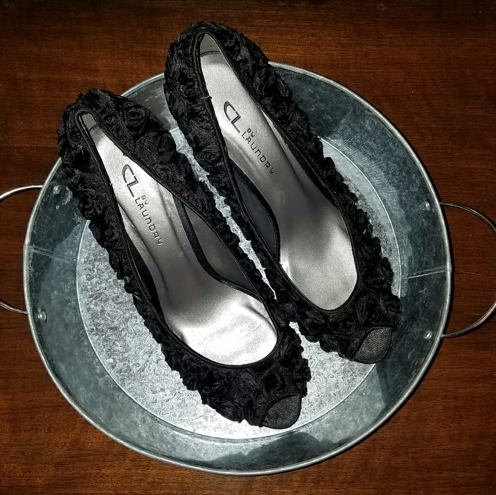 CL by Laundry Black Rosette Peep Toe Heels